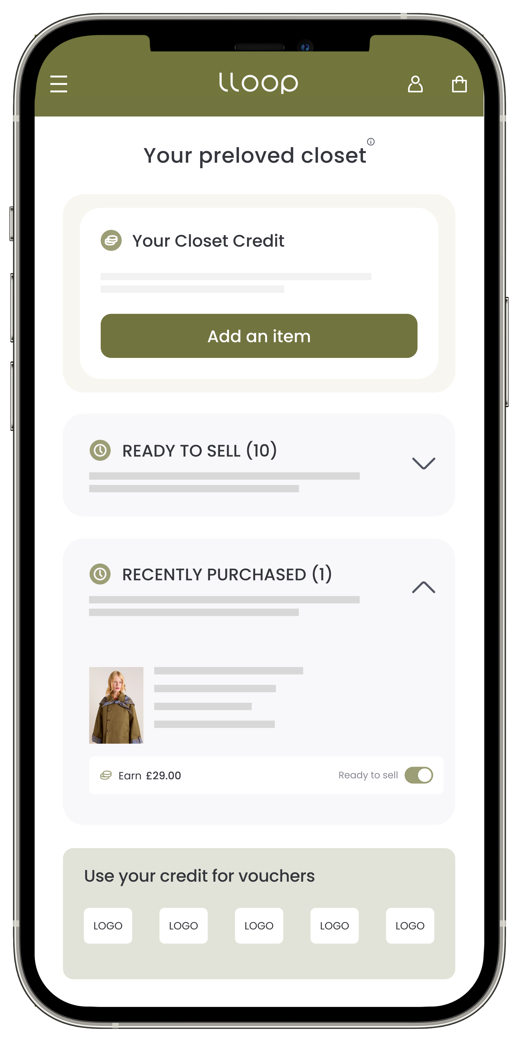 Image of a digital closet interface showing clothing items with their resale values